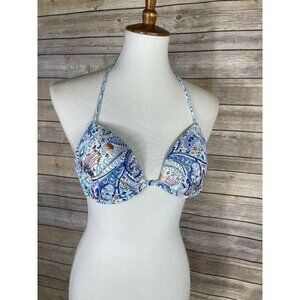 VICTORIA'S SECRET 34B The Racerback Fabulous Bikini Top Blue Paisley Foil Tassel